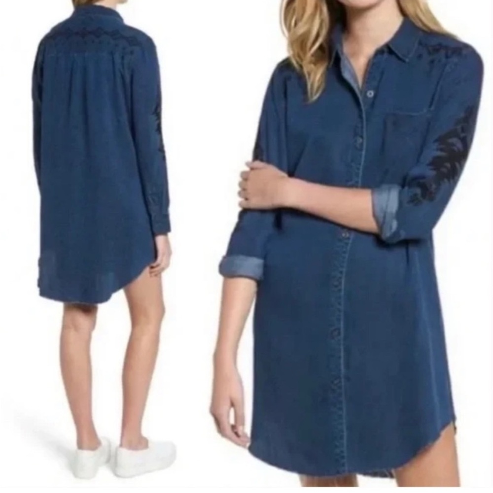 Rails Shirt Dress Womens S Boho Tencel Denim Ashland Embroidered Western Aztec